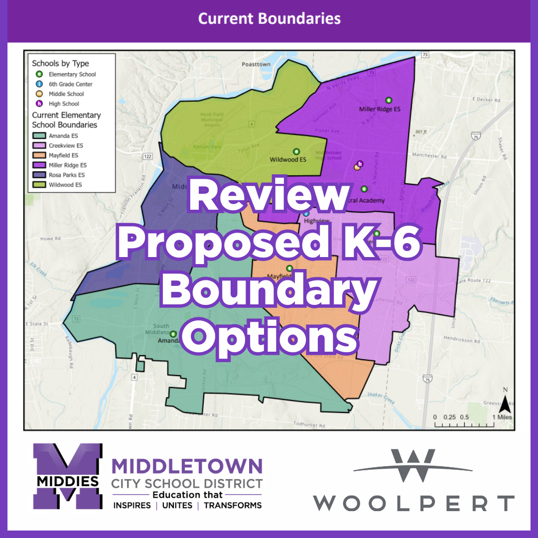 Graphic shows current boundaries of MCSD elementary schools. Text over image reads "review proposed K-6 boundary options"